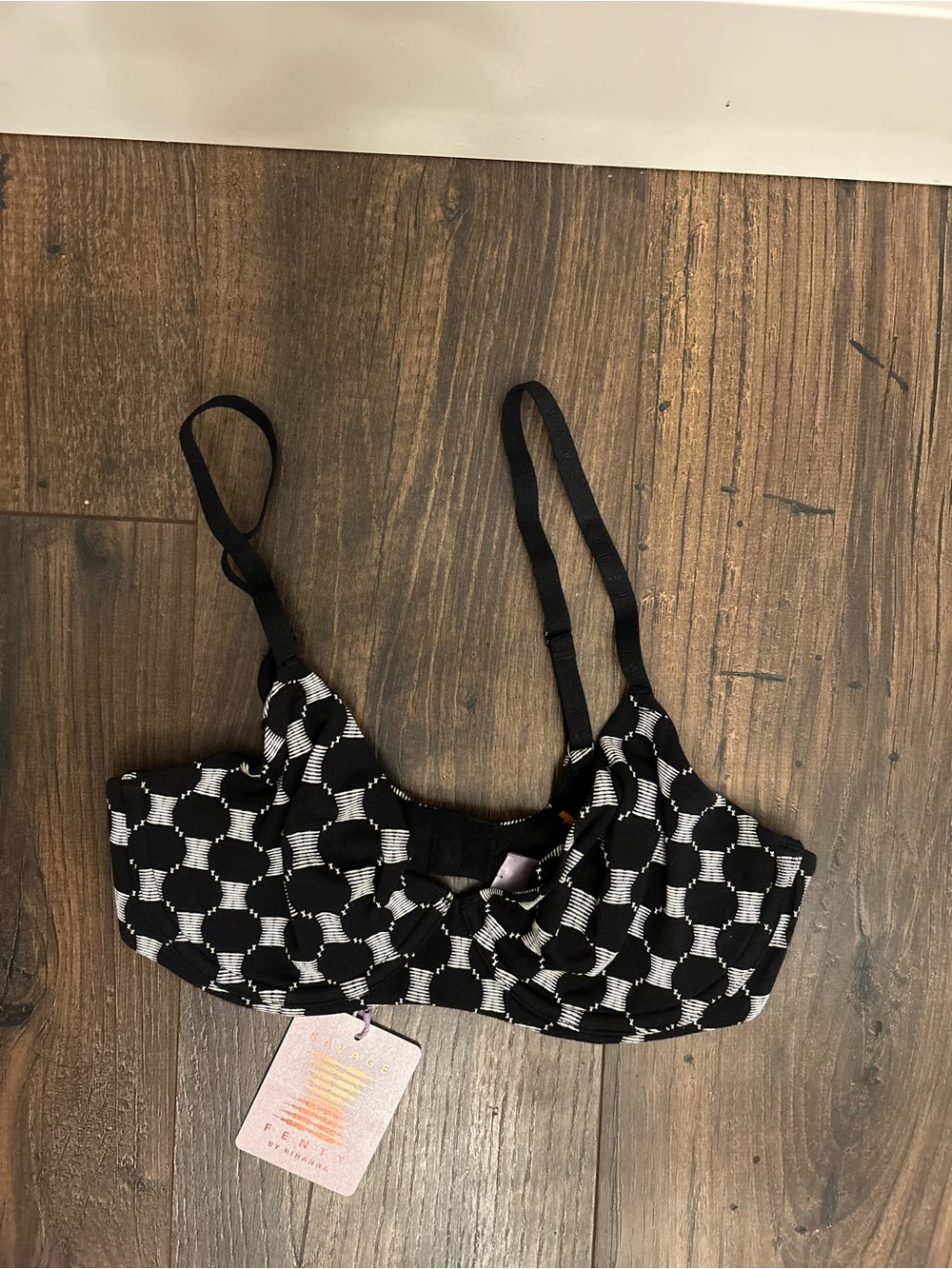NWT Savage X Fenty Cotton Essentials Unlined Underwire Bra Black White Check 32C